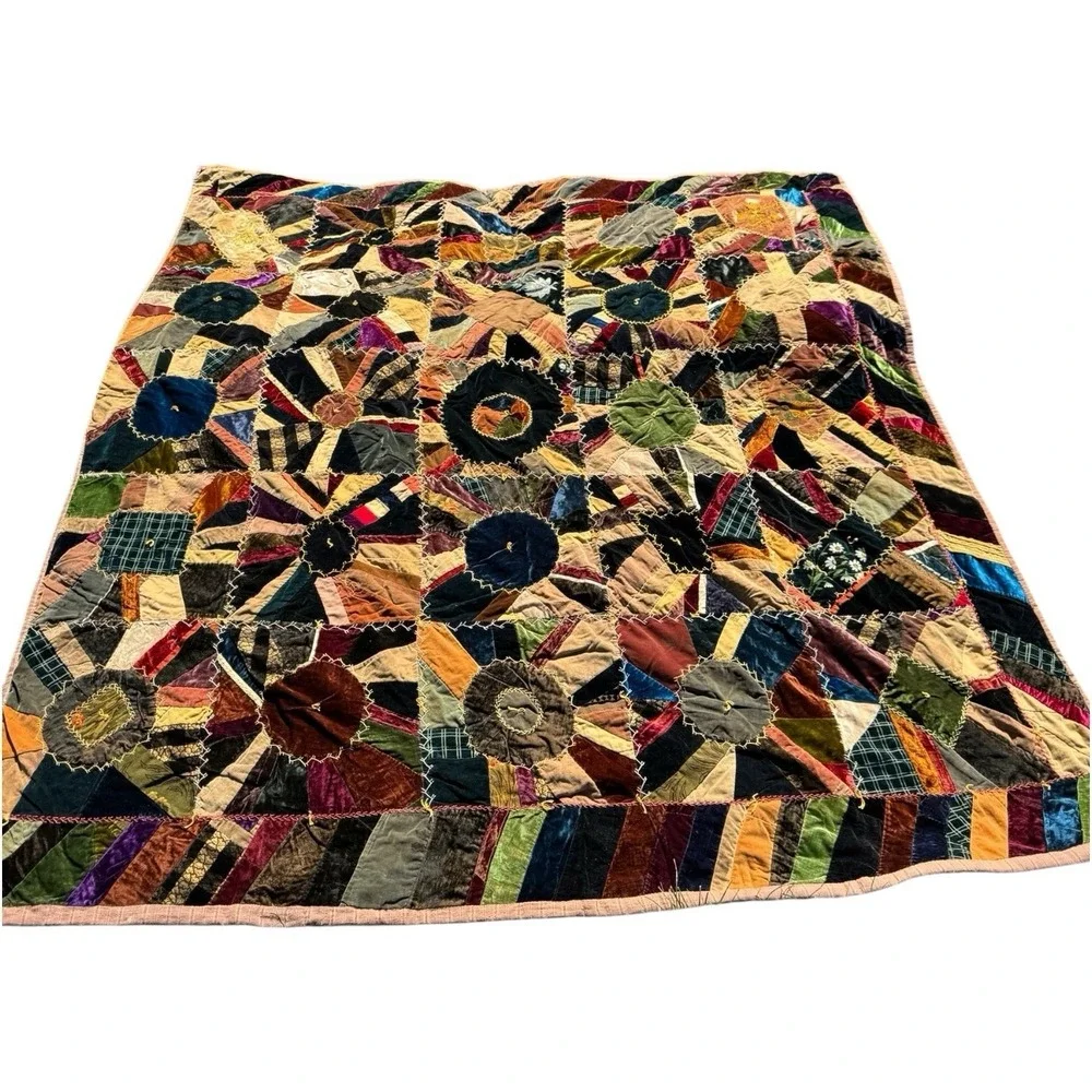 Antique Victorian Crazy Quilt Velvet Silk Hand Stitched‎ Painted 77x71 c1885
